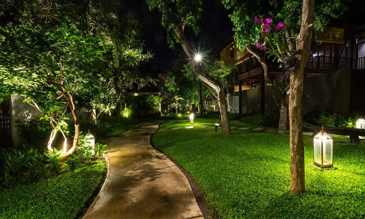 Un chemin sinueux traverse un jardin luxuriant illuminé par des lumières LED, créant une ambiance magique. La couleur LED met en valeur la végétation et l'architecture.