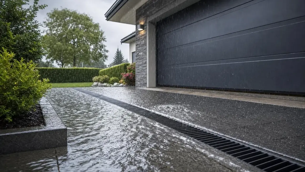 Pluie sur une allée de garage drainante, l'eau s'écoule dans la grille. La porte de garage est fermée.
