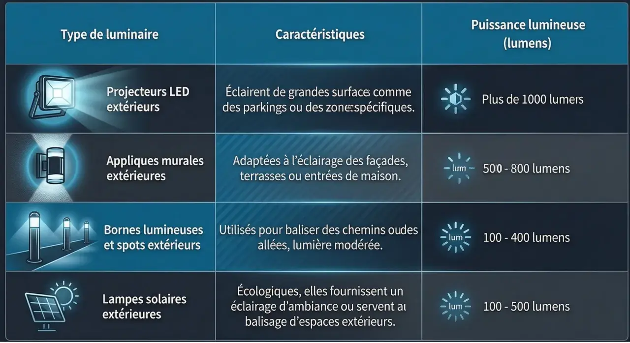 Tableau comparatif des types de luminaires LED extérieurs : projecteurs, appliques, bornes, lampes solaires.