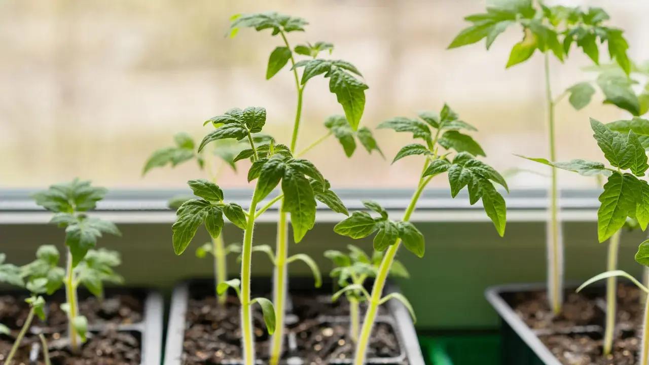 Jeunes plants de tomates en pleine croissance dans des godets, prêts pour leur plantation.