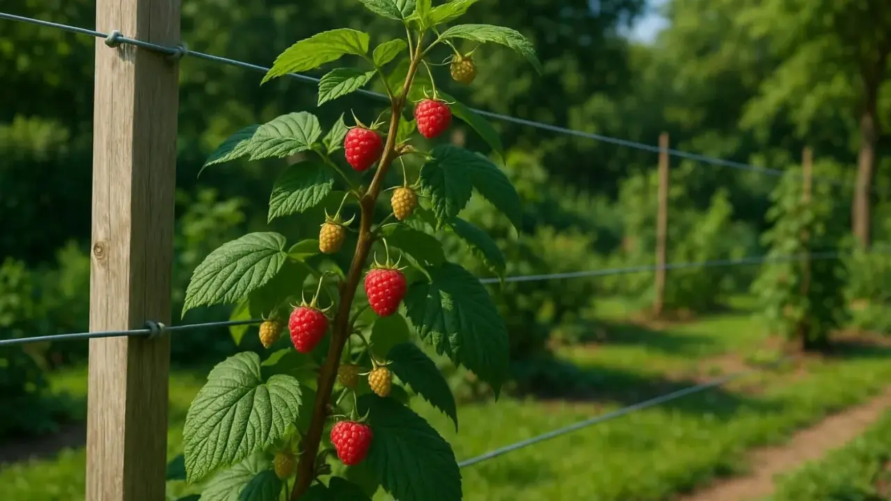Rameau de framboisier portant des fruits rouges et jaunes, prêt pour la récolte. Un bon engrais framboisier assure une telle abondance.