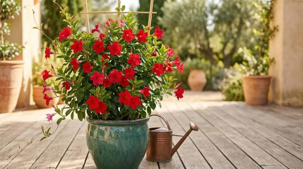 Un dipladenia éclatant de fleurs rouges, prêt pour une exposition ensoleillée. Arrosoir en cuivre à proximité.