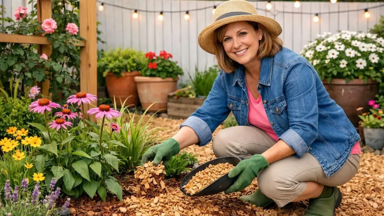 Jardinière souriante avec un chapeau de paille paillant des fleurs roses et jaunes avec des copeaux de bois.