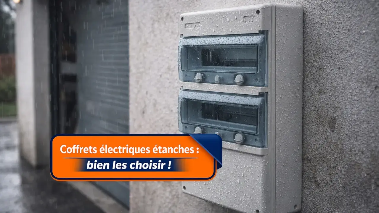 Coffret électrique étanche, norme IP 65, résistant à la pluie sur un mur extérieur.