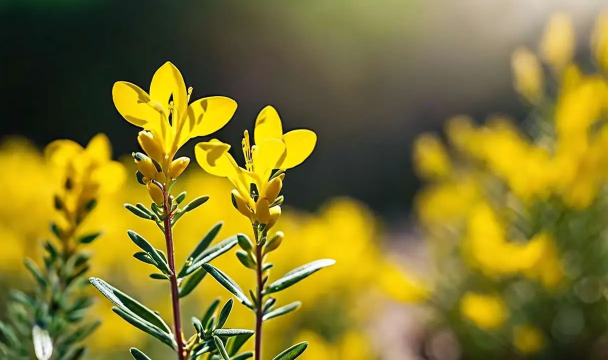Deux fleurs jaunes de genet, aux pétales délicats, se dressent sur des tiges fines. La taille du genet est ici mise en valeur par la lumière du soleil.