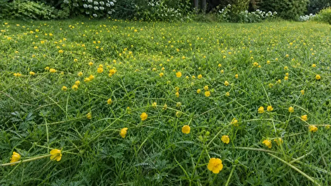 Champ verdoyant parsemé de petites fleurs jaunes, les boutons d'or, qui semblent danser sur leurs tiges fines.