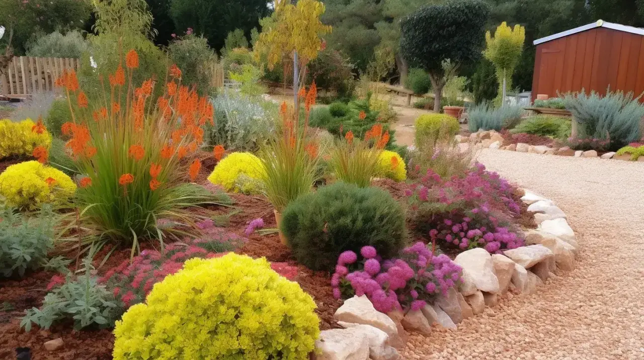 Un jardin coloré avec des fleurs orange, jaunes et roses, bordé de pierres et de paillage minéral.