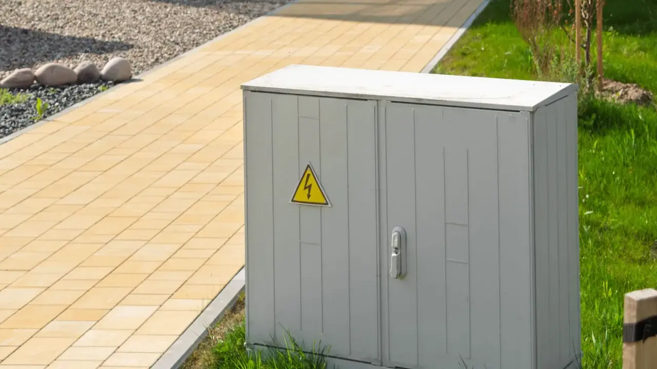 Armoire électrique grise avec symbole de danger électrique, classée IP 66, située près d'un chemin pavé jaune et d'une pelouse verte.