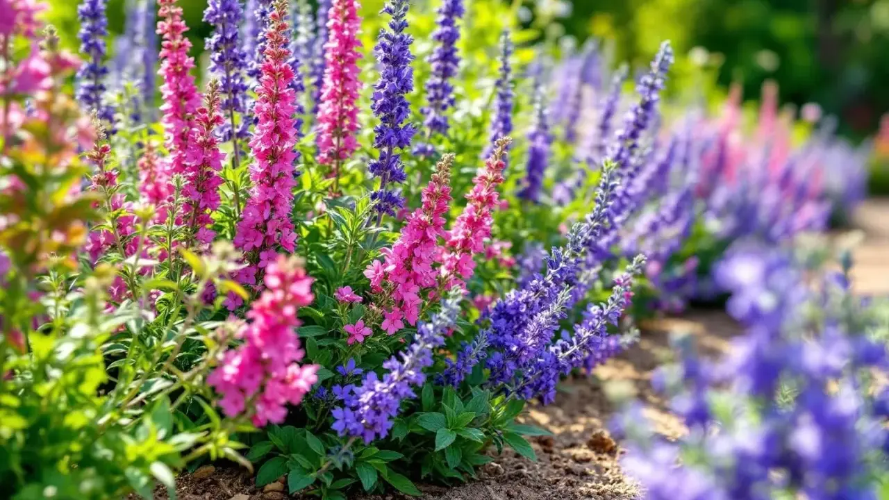 Magnifique parterre de fleurs vivaces plein soleil, avec des épis roses et violets éclatants.