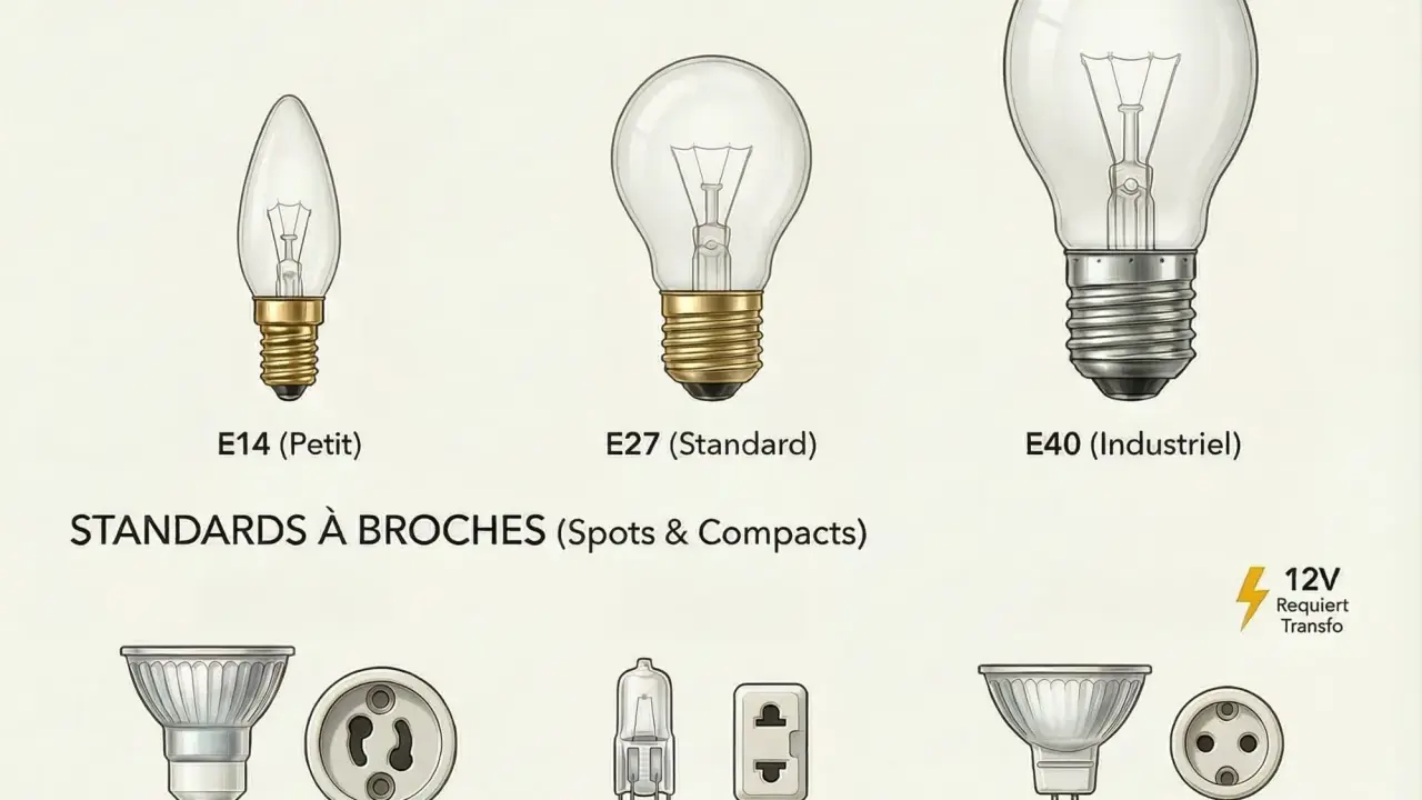 Comparaison des tailles d'ampoules : E14 (petit), E27 (standard) et E40 (industriel). Illustration des standards à vis et à broches.