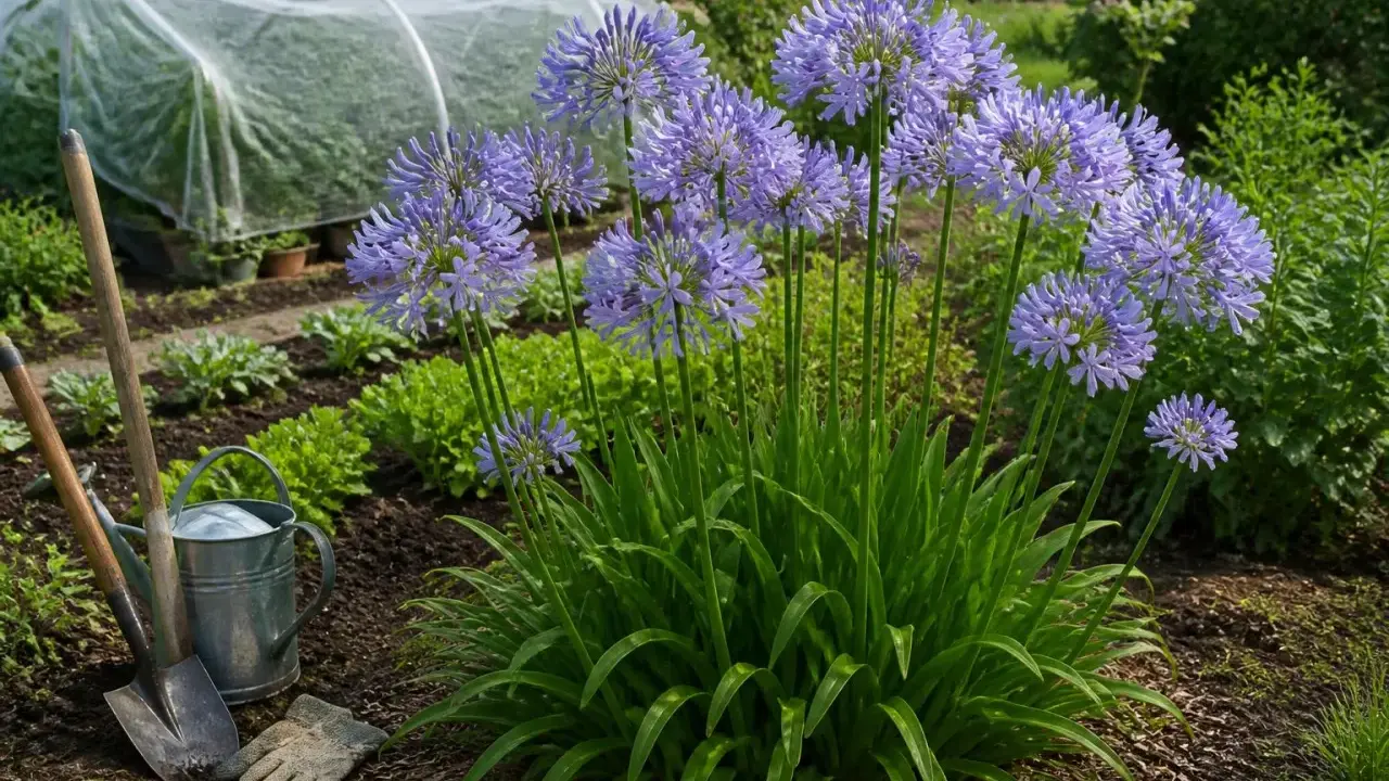 Graines agapanthe en pleine floraison dans un jardin, avec des outils de jardinage à proximité.