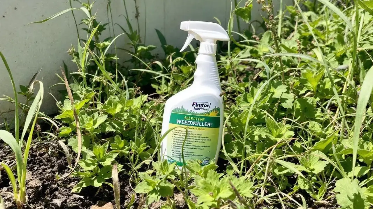 Bouteille de désherbant sélectif gazon au milieu de la végétation.
