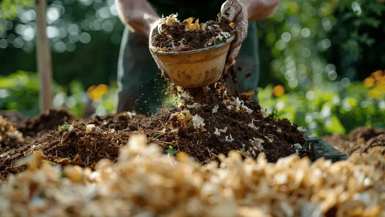 Mains ajoutant du compost à un tas, le terreau idéal pour potager est en cours de préparation.