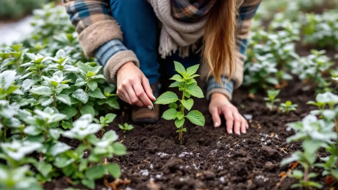 Une femme plante de la menthe dans un jardin. Les feuilles de menthe sont vertes et fraîches, certaines sont saupoudrées de givre.