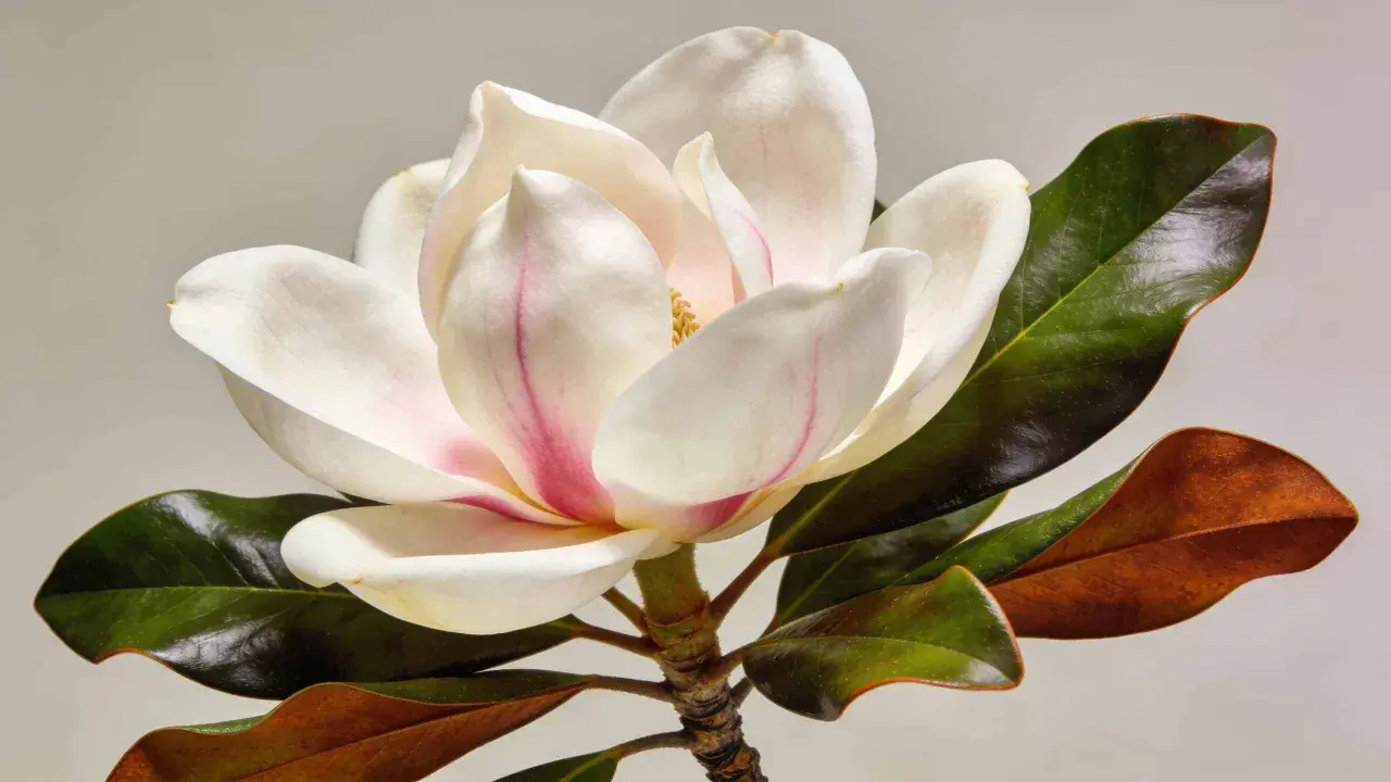 Magnifique fleur de magnolia blanc et rose, avec des feuilles vertes foncées et brunes. Un arbre magnolia en pleine floraison.
