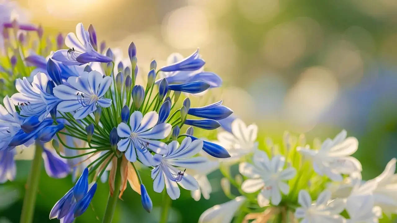 Agapanthe floraison : des fleurs bleues et blanches aux rayures délicates s'épanouissent sous un soleil doux, créant une scène printanière paisible.