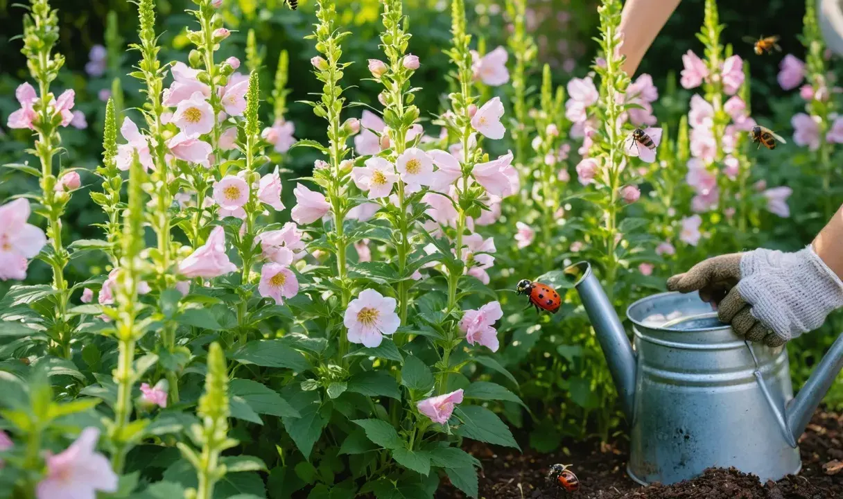 Un jardinier arrose des fleurs de hibiscus syriacus roses, tandis que des coccinelles et des abeilles butinent.