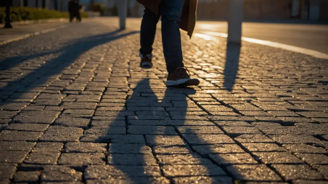 Personne marchant sur une terrasse pavée au soleil couchant.