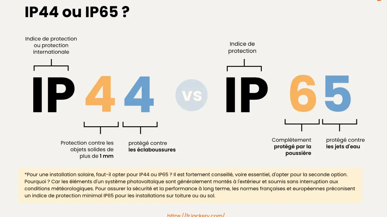 Comparaison des indices de protection IP44 et IP65. Le signification IP44 indique une protection contre les objets solides de plus de 1mm et les éclaboussures. IP65 offre une protection totale contre la poussière et les jets d'eau.