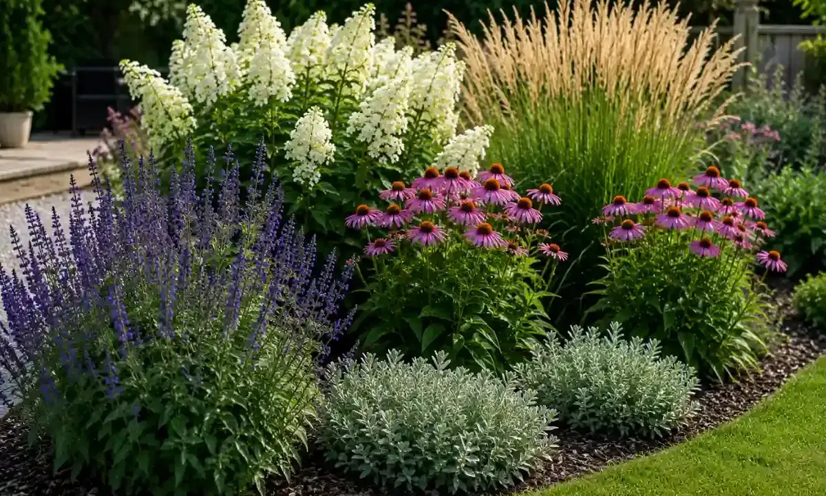 Magnifique parterre de fleurs avec des échinacées roses, des graminées dorées et des sauges bleues.