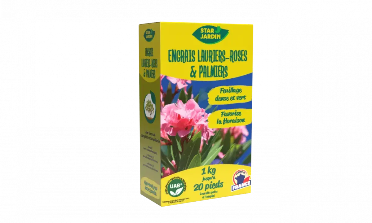 Engrais Star Jardin pour lauriers-roses et palmiers, favorisant un feuillage dense et une belle floraison.