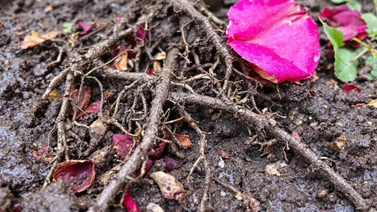 Gros plan sur les racines d'un rosier dans un terreau humide, parsemé de pétales de roses roses et rouges.
