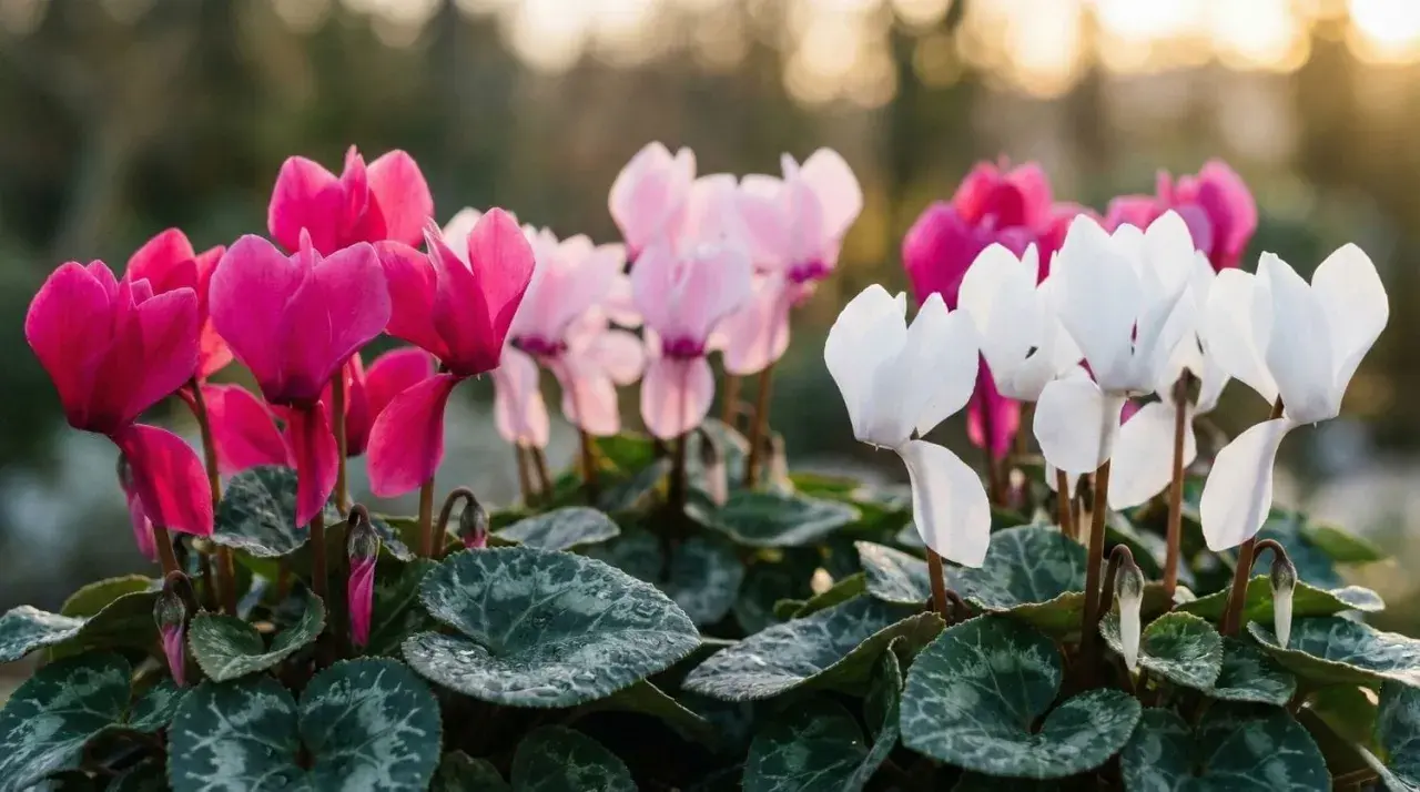 Cyclamens roses, blancs et roses pâles, parfaits pour un entretien facile au jardin.
