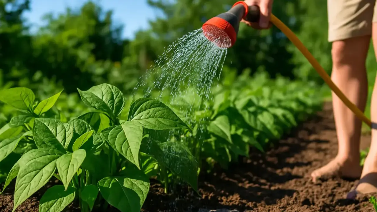Arrosage de jeunes plants de haricots verts dans un potager ensoleillé. L'eau tombe en pluie fine sur les feuilles vertes.