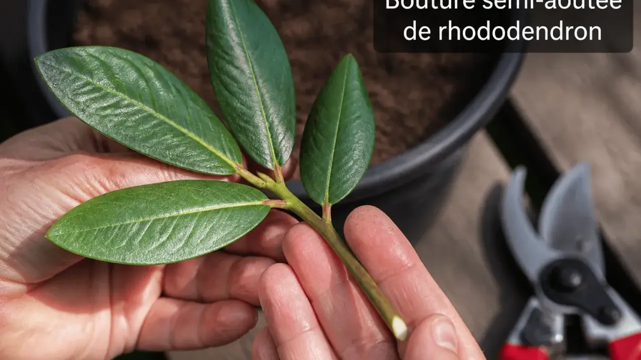 Une bouture semi-aoûtée de rhododendron est tenue dans des mains, prête à être plantée. Des sécateurs sont visibles en arrière-plan.