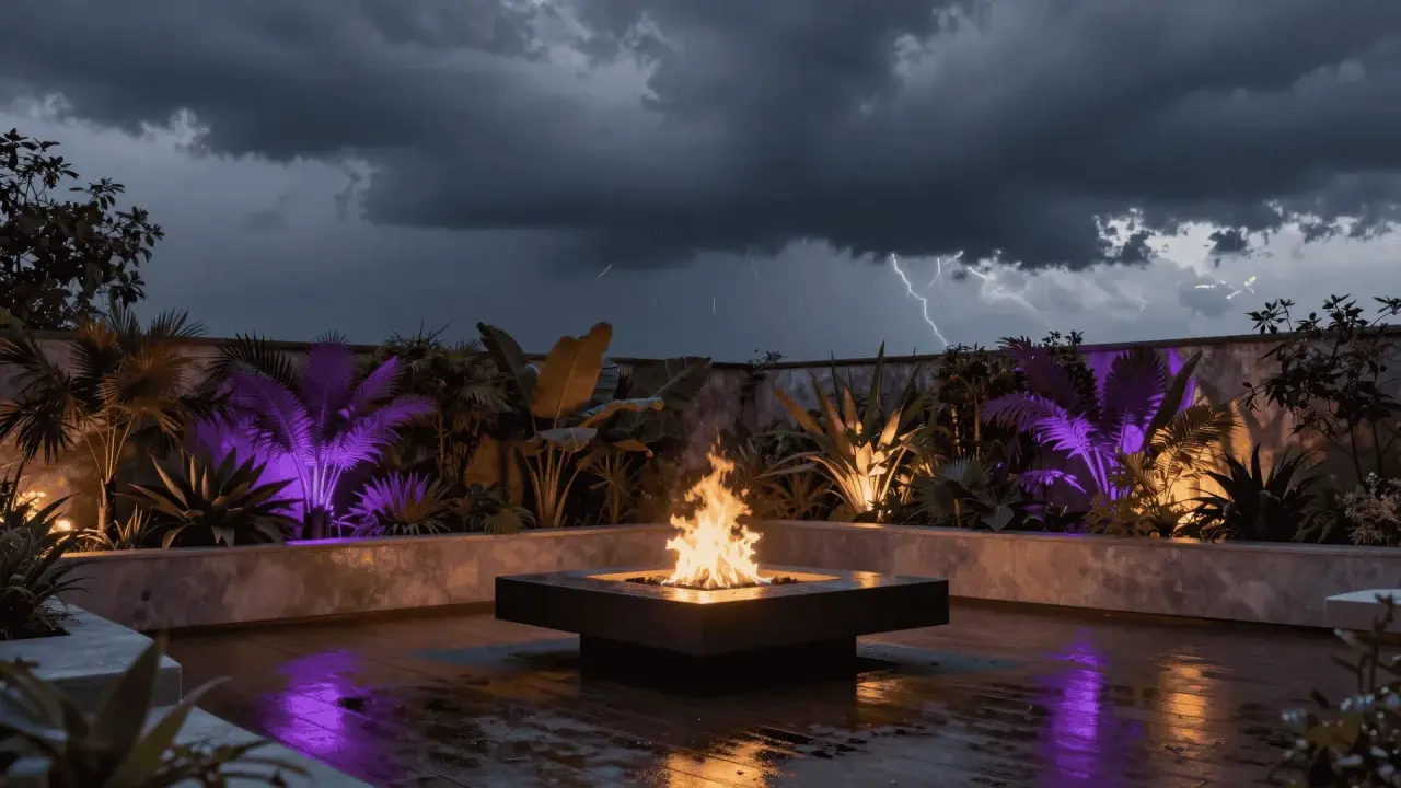 Terrasse tropicale illuminée de lumières violettes et oranges, avec un brasero crépitant sous un ciel d'orage. Le culot ampoule G4 éclaire subtilement les plantes exotiques.