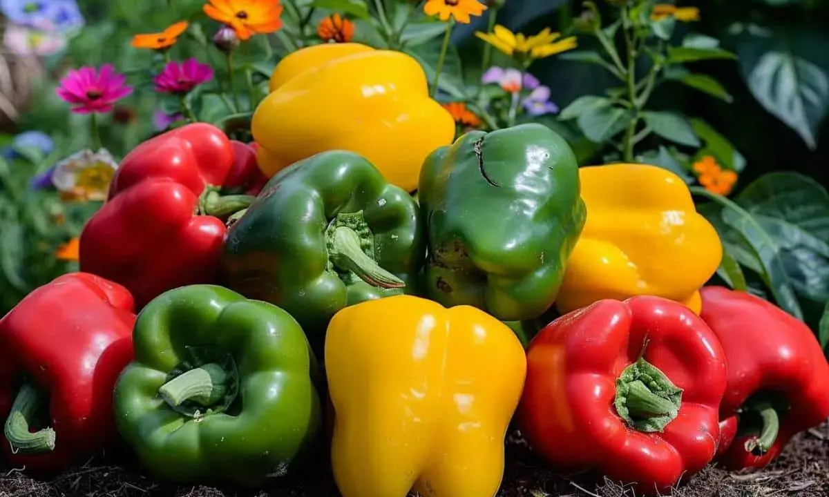 Un tas de poivrons rouges, verts et jaunes brillants, symboles de la culture poivron, posés sur la terre, avec des fleurs colorées en arrière-plan.