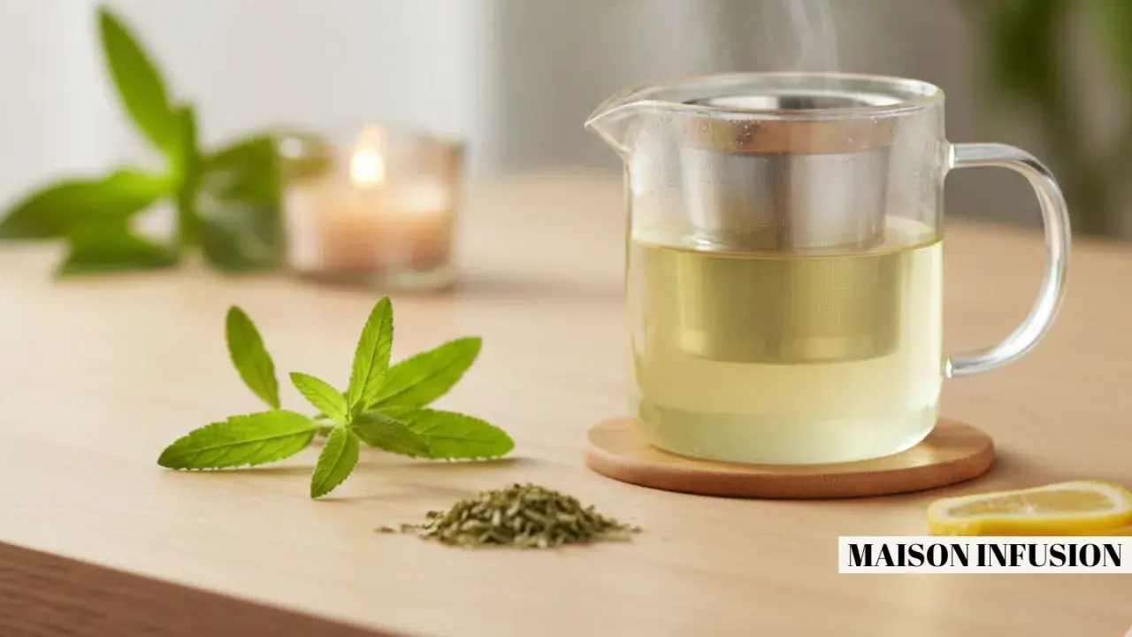 Une théière en verre remplie d'une infusion dorée, avec une branche de verveine fleur et une tranche de citron. Une bougie allumée en arrière-plan.