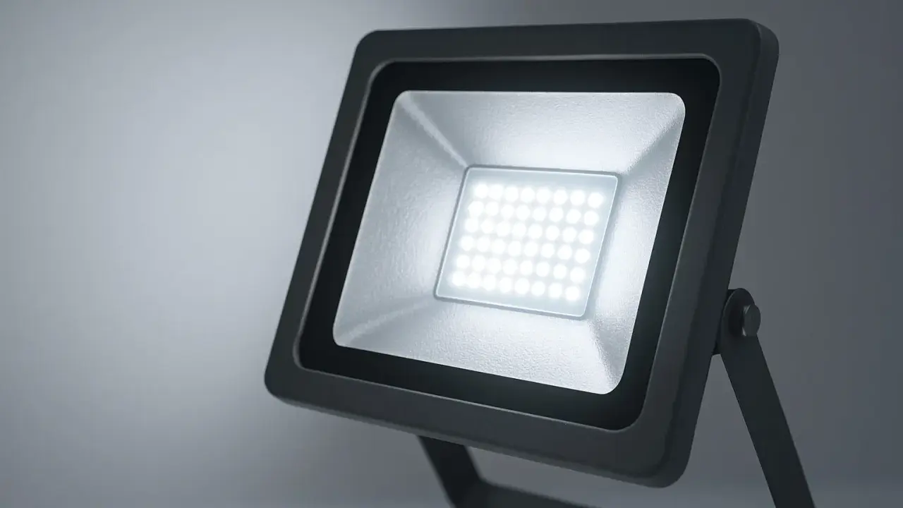 Projecteur LED extérieur noir avec une grille de diodes lumineuses blanches.