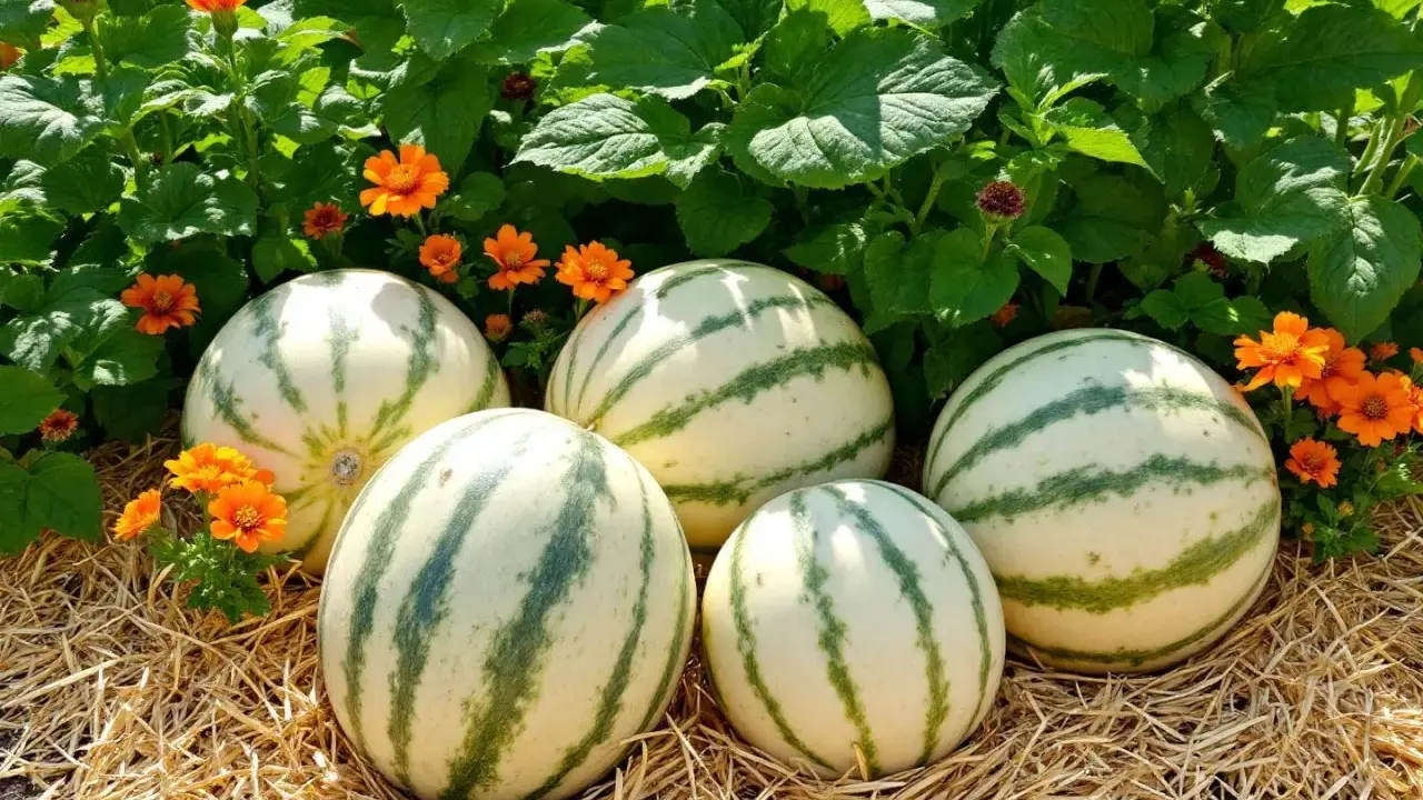 Cinq melons d'eau rayés, prêts à être récoltés, reposent sur de la paille, entourés de fleurs orange vif et de feuillage vert luxuriant. Un beau résultat de planter melon.