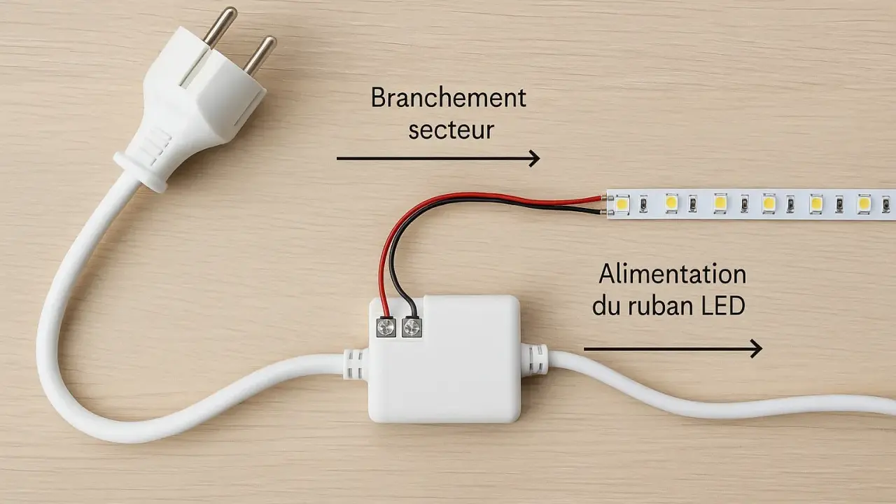 Branchement secteur vers alimentation du ruban LED. Le câble blanc se connecte à un boîtier blanc, puis à un ruban LED.