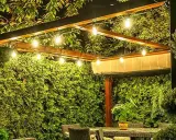 Guirlande lumineuse sous une pergola en bois, créant une ambiance chaleureuse. Le lux défini par ces ampoules éclaire un jardin luxuriant.