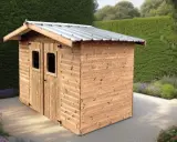 Abri de jardin en bois avec double porte et fenêtres, idéal pour ranger vos outils. Pensez à la taxe abri de jardin.