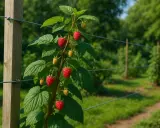 Rameau de framboisier portant des fruits rouges et jaunes, prêt pour la récolte. Un bon engrais framboisier assure une telle abondance.