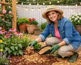 Jardinière souriante avec un chapeau de paille paillant des fleurs roses et jaunes avec des copeaux de bois.