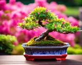 Un magnifique bonsaï azalée du Japon, orné de bourgeons roses, repose dans un pot ornemental bleu et blanc, sur fond de fleurs roses éclatantes.