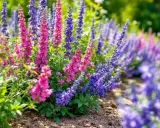 Magnifique parterre de fleurs vivaces plein soleil, avec des épis roses et violets éclatants.