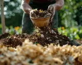 Mains ajoutant du compost à un tas, le terreau idéal pour potager est en cours de préparation.