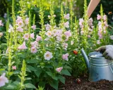 Un jardinier arrose des fleurs de hibiscus syriacus roses, tandis que des coccinelles et des abeilles butinent.