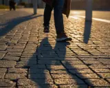 Personne marchant sur une terrasse pavée au soleil couchant.