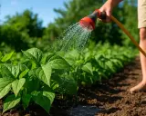 Arrosage de jeunes plants de haricots verts dans un potager ensoleillé. L'eau tombe en pluie fine sur les feuilles vertes.