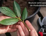 Une bouture semi-aoûtée de rhododendron est tenue dans des mains, prête à être plantée. Des sécateurs sont visibles en arrière-plan.