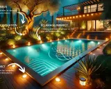 Magnifique piscine illuminée la nuit. Des guirlandes, des spots et des rubans LED créent une ambiance féerique, une belle idée éclairage autour piscine.
