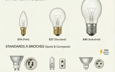 Comparaison des tailles d'ampoules : E14 (petit), E27 (standard) et E40 (industriel). Illustration des standards à vis et à broches.