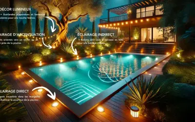 Magnifique piscine illuminée la nuit. Des guirlandes, des spots et des rubans LED créent une ambiance féerique, une belle idée éclairage autour piscine.
