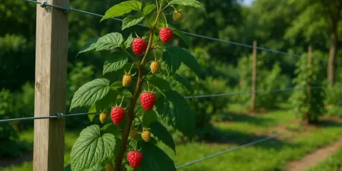 Rameau de framboisier portant des fruits rouges et jaunes, prêt pour la récolte. Un bon engrais framboisier assure une telle abondance.